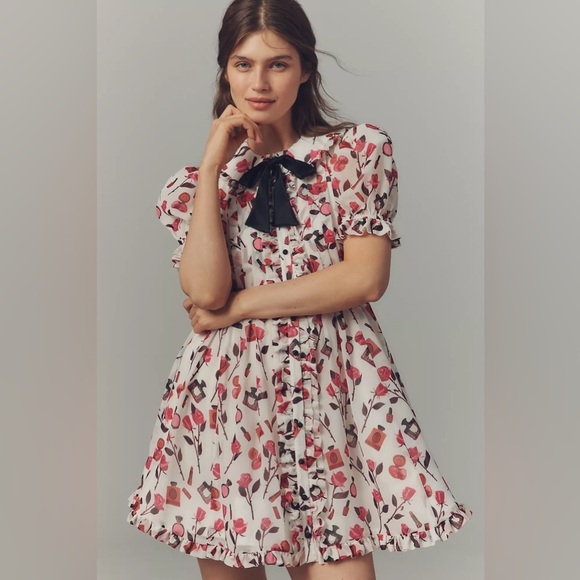 NWT! Anisa Makhoul x Maeve Puff-Sleeve Collared Bow-Front Pleated Mini Dress 🔮 - Picture 4 of 10